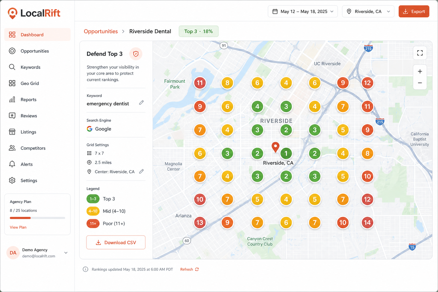 LocalRift Dashboard drill-down with geo-grid as evidence after clicking a recommendation